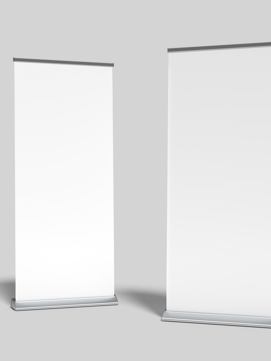 Pull-up banner stands ready for an event